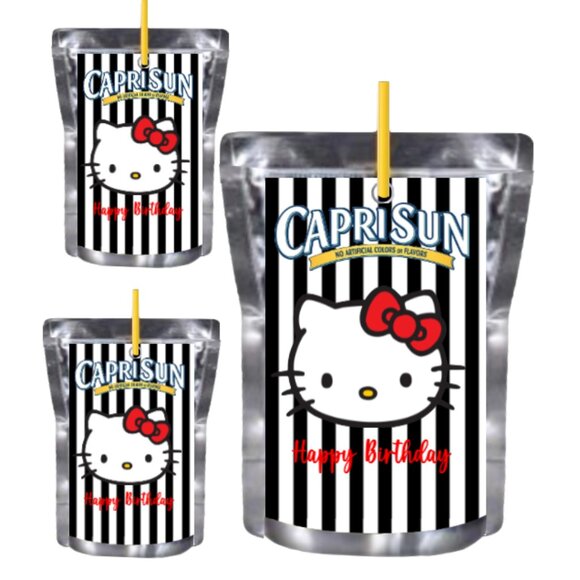 Custom Kitty Birthday Edition Juice Pouche Labels, Black and White Striped 12pcs - Picture 3 of 4